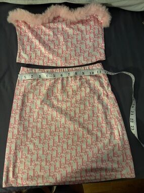 Pink 'Love' SHEIN Print barbiecore Mini Skirt and furry pink bandeau